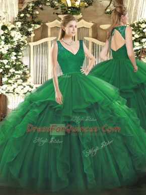 On Sale V-neck Sleeveless Vestidos de Quinceanera Floor Length Beading and Lace and Ruffles Dark Green Organza