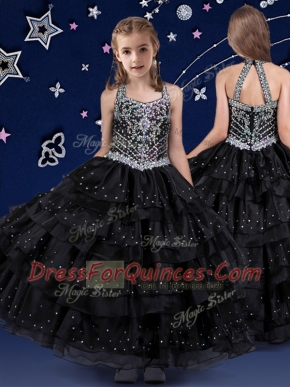 Halter Top Sleeveless Beading and Ruffled Layers Zipper Flower Girl Dress