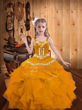 Sleeveless Lace Up Floor Length Embroidery and Ruffles Little Girls Pageant Gowns