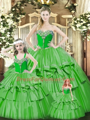 Green Organza Lace Up Sweetheart Sleeveless Floor Length 15 Quinceanera Dress Beading and Ruffled Layers