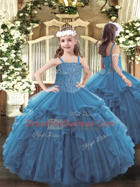 High Class Teal Tulle Lace Up Girls Pageant Dresses Sleeveless Floor Length Beading and Ruffles
