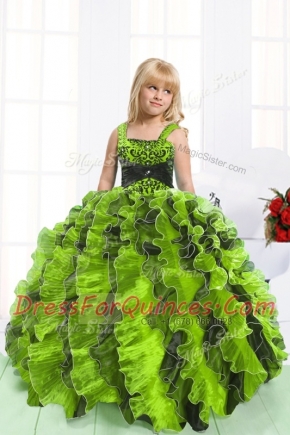 Modest Yellow Green Straps Neckline Beading and Ruffles Little Girls Pageant Gowns Sleeveless Lace Up