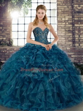 Luxury Teal Organza Lace Up Sweetheart Sleeveless Floor Length Sweet 16 Quinceanera Dress Beading and Ruffles