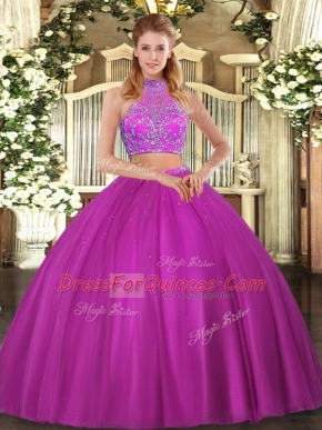 Glittering Halter Top Sleeveless Criss Cross Quinceanera Dresses Fuchsia Tulle