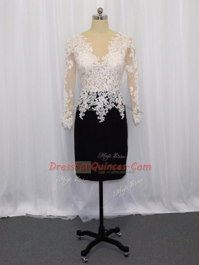 Traditional Mini Length White And Black Prom Gown Bateau Long Sleeves Zipper
