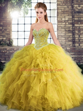 Simple Floor Length Gold 15 Quinceanera Dress Tulle Sleeveless Beading and Ruffles