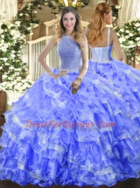 Floor Length Ball Gowns Sleeveless Blue Quinceanera Dress Lace Up