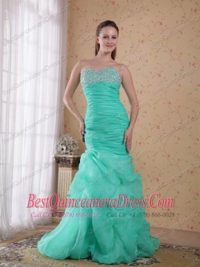 Apple Green Column Sweetheart Brush Train Organza Beading and Ruch Prom / Celebrity Dress