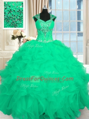 Turquoise Cap Sleeves Beading and Ruffles and Pattern Floor Length Ball Gown Prom Dress