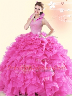 Fantastic Hot Pink Backless 15th Birthday Dress Beading and Ruffles Sleeveless Floor Length