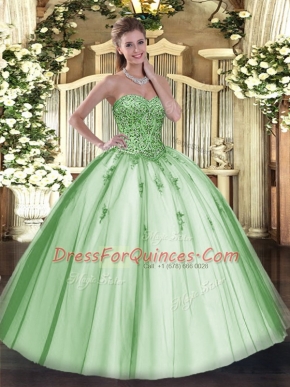 Glamorous Apple Green Sleeveless Tulle Lace Up 15 Quinceanera Dress for Military Ball and Sweet 16 and Quinceanera