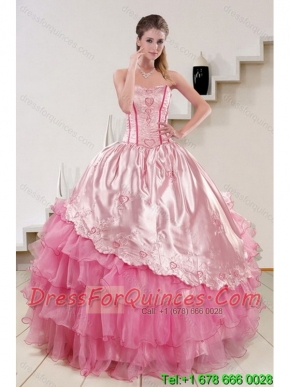 Strapless Pink 2015 Cute Quinceanera Dresses with Embroidery and Ruffles