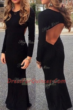 Attractive Mermaid Prom Party Dress Black Scoop Elastic Woven Satin Long Sleeves Floor Length Backless