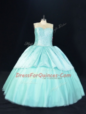 Pretty Floor Length Aqua Blue Quinceanera Gown Scoop Sleeveless Lace Up