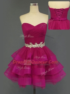 Perfect Sleeveless Mini Length Beading and Ruffled Layers and Ruching Lace Up Prom Dress with Fuchsia