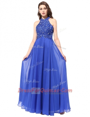 Blue Chiffon Backless Halter Top Sleeveless Floor Length Dress for Prom Beading and Lace