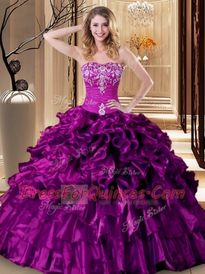 Dazzling Sweetheart Sleeveless Ball Gown Prom Dress Floor Length Embroidery and Ruffles Purple Organza