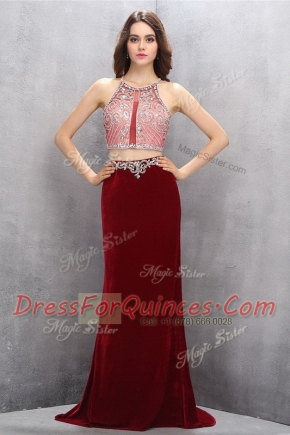 Spectacular Burgundy Scoop Neckline Beading and Appliques Prom Evening Gown Sleeveless Criss Cross