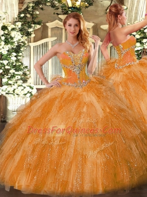 High End Orange Organza Lace Up Sweetheart Sleeveless 15 Quinceanera Dress Beading and Ruffles