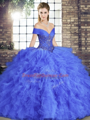 Vintage Off The Shoulder Sleeveless Sweet 16 Dresses Floor Length Beading and Ruffles Blue Tulle
