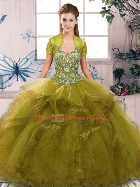 Lovely Olive Green Ball Gowns Beading and Ruffles 15 Quinceanera Dress Lace Up Tulle Sleeveless Floor Length