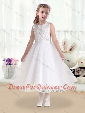 Cheap Princess Scoop White Flower Little Girl Dresss with Appliques