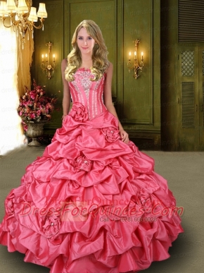 2014 Custom Made Strapless Watermelon Sweet 15 Dress with Hand Made Flowers and Beading