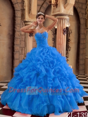 Blue Ball Gown Sweetheart Floor-length Ruffles Organza Beautiful Quinceanera Dress