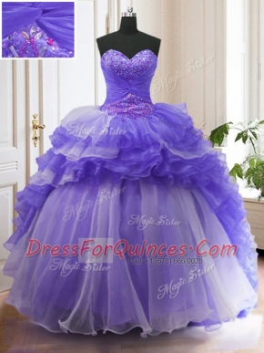 High End Sweetheart Sleeveless Organza Sweet 16 Quinceanera Dress Beading and Ruffled Layers Sweep Train Lace Up