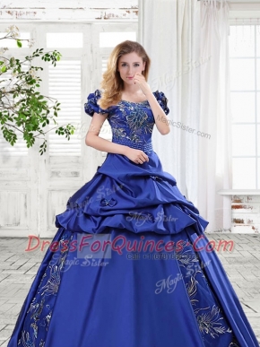 Pretty Off the Shoulder Pick Ups Floor Length A-line Cap Sleeves Royal Blue Sweet 16 Dresses Lace Up
