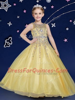 Scoop Gold Sleeveless Beading Floor Length Pageant Gowns For Girls