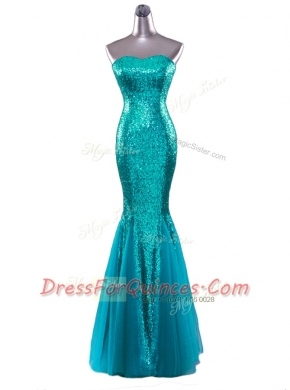 Mermaid Strapless Sleeveless Prom Party Dress Floor Length Sequins Turquoise Sequined