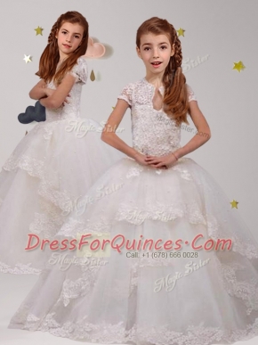 Sumptuous Scoop Short Sleeves Brush Train Backless Flower Girl Dresses White Tulle