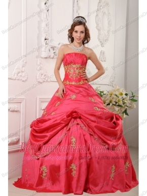 Elegant A-line Strapless Floor-length Taffeta Beading and Appliques Red Quinceanera Dress