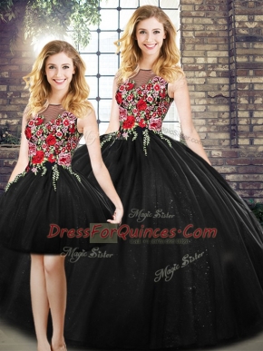 Scoop Sleeveless Sweet 16 Quinceanera Dress Floor Length Embroidery Black Tulle