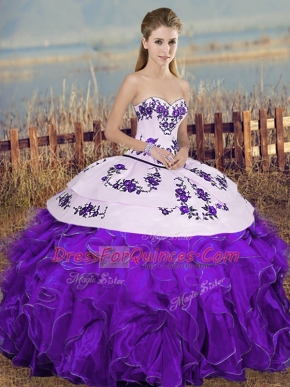 Low Price Floor Length Lace Up Quinceanera Gown White And Purple for Military Ball and Sweet 16 and Quinceanera with Embroidery and Ruffles and Bowknot