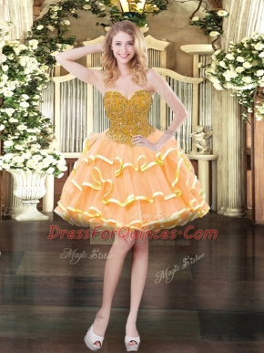 Custom Design Peach Organza Lace Up Sweetheart Sleeveless Mini Length Prom Dress Beading and Ruffled Layers