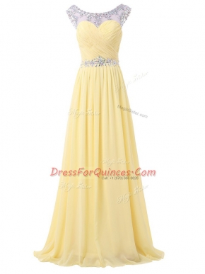 Superior Sleeveless Chiffon Floor Length Backless in Light Yellow with Beading and Ruching