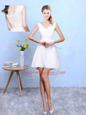 White Lace Up Quinceanera Court of Honor Dress Lace Sleeveless Mini Length