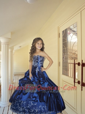 New Style Strapless Navy Blue Little Girl Pageant Dress with Appliques and Pick-ups