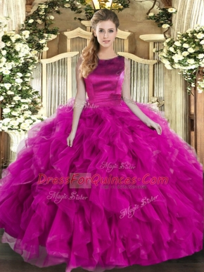 Nice Fuchsia Lace Up 15 Quinceanera Dress Ruffles Sleeveless Floor Length