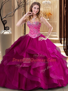 Ball Gowns Sweet 16 Quinceanera Dress Fuchsia Sweetheart Tulle Sleeveless Floor Length Lace Up