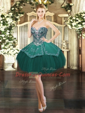 Glamorous Dark Green Sleeveless Mini Length Beading and Embroidery Lace Up