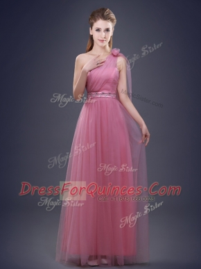 Simple One Shoulder Sleeveless Lace Up Floor Length Beading and Ruching and Hand Made Flower Dama Dress for Quinceanera