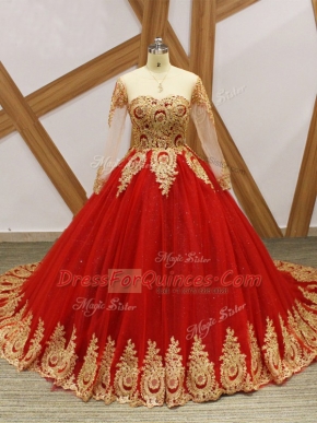 Nice Wine Red Vestidos de Quinceanera Military Ball and Sweet 16 and Quinceanera with Beading and Appliques Scoop Long Sleeves Court Train Lace Up