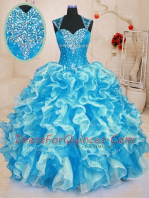 Aqua Blue Lace Up Sweet 16 Dress Beading and Ruffles Sleeveless Floor Length