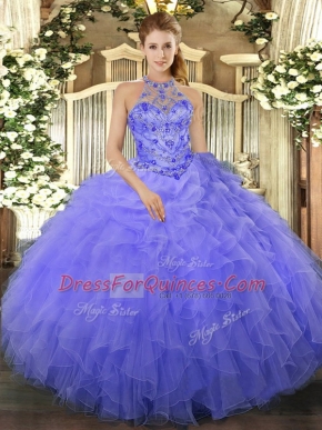 On Sale Blue Ball Gowns Beading and Ruffles Vestidos de Quinceanera Lace Up Organza Sleeveless Floor Length