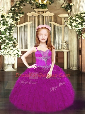 High End Floor Length Ball Gowns Sleeveless Fuchsia Girls Pageant Dresses Lace Up