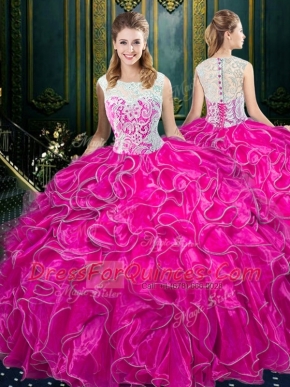 Spectacular Scoop Sleeveless Quinceanera Dress Floor Length Lace and Ruffles Fuchsia Organza