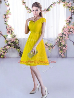 Deluxe Gold Lace Lace Up V-neck Cap Sleeves Mini Length Quinceanera Dama Dress Lace
